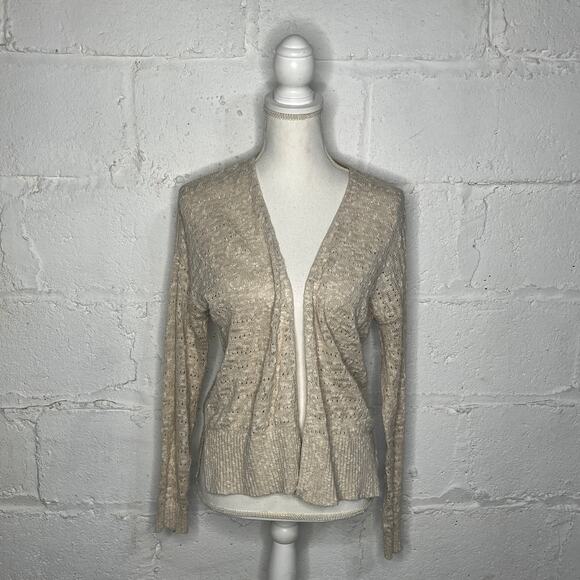 Loft Women’s Cotton Linen Beige Open Front Pointelle Cardigan Sweater Medium - Picture 1 of 8